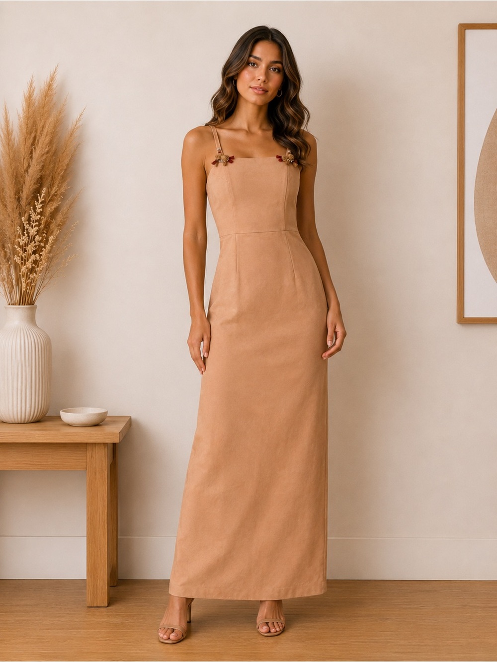 Tiger Mist Peach Maxi Dress | Size Small | Floral Strap Detail